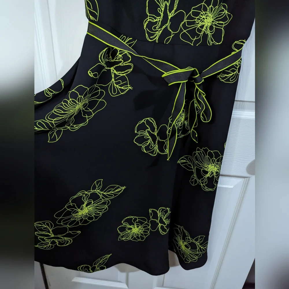 Miss Dorby black fit & flare dress bright green floral print sleeveless Size 12